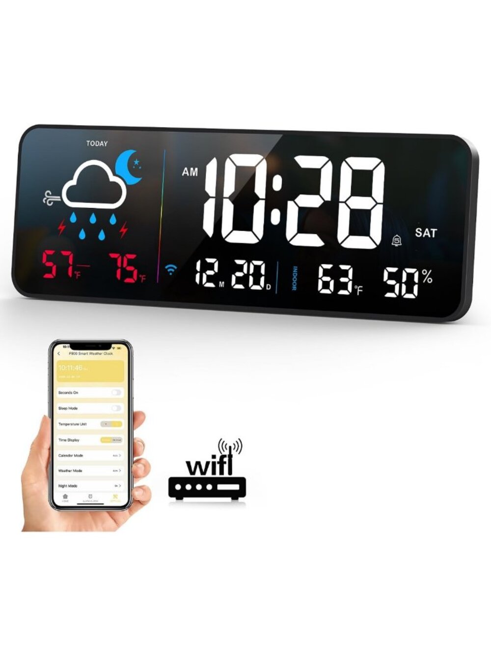 Large Digital Wall Clock with Auto-Sync, LED Display, Weather & Temp Features